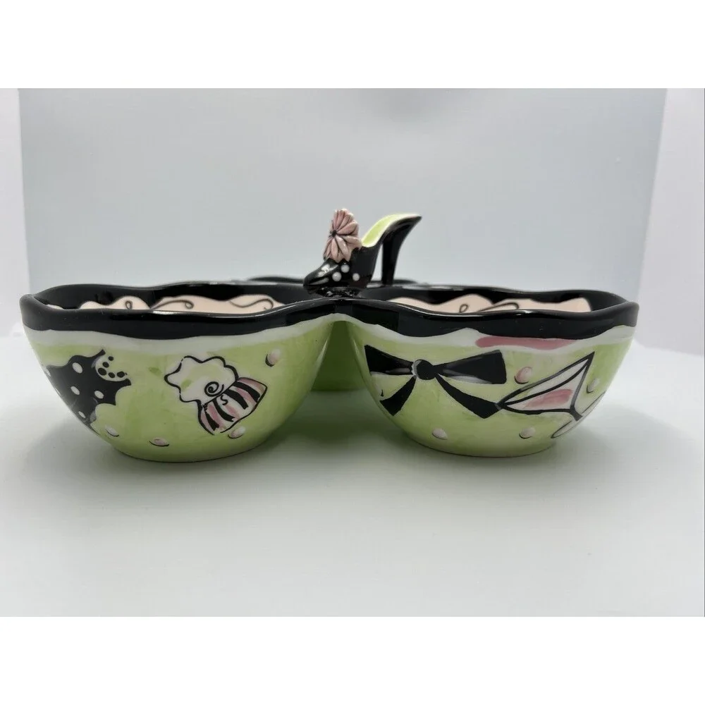 Vintage Clay Art 3 Section Serving Dish High Heel Shoe Purse Pink Green Ceramic